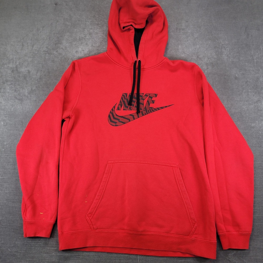 Nike Y2K Mens Hoodie Large Red Graphic Swoosh Logo Pullover Sweatshirt Fleece